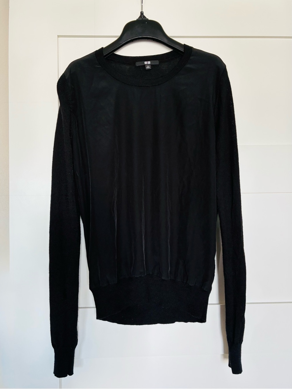 UNIQLO 4 Black Satin Front & Knit Back Long Sleeve Sweater Top